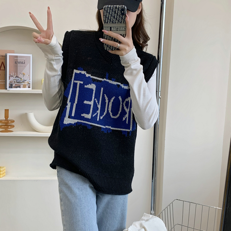Mixed colors letters tops loose all-match sweater