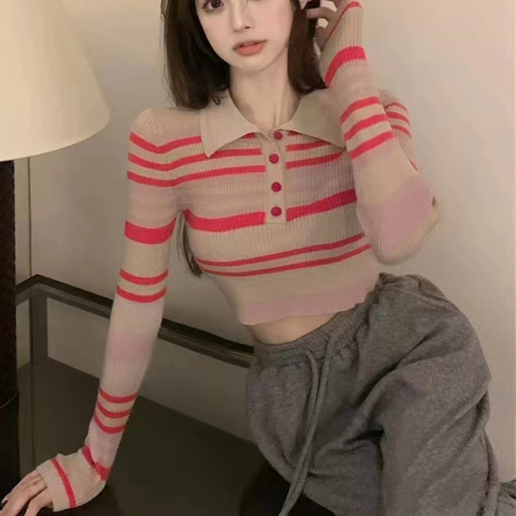 Short slim navel tops summer stripe sweater for women