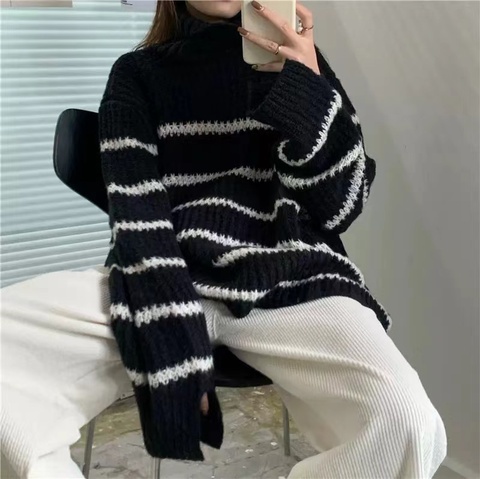 High collar cashmere stripe lazy sweater