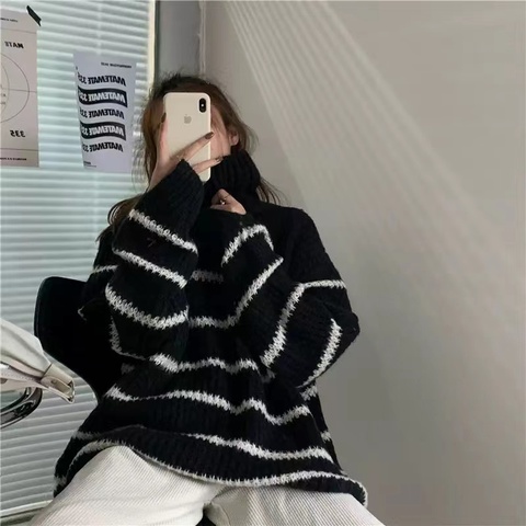 High collar cashmere stripe lazy sweater
