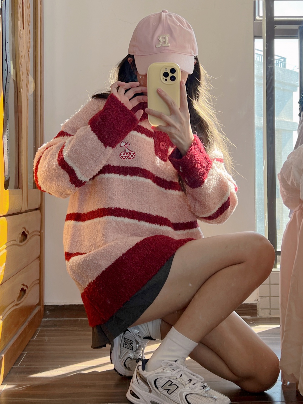 Stripe quality loose knitted cherry sweater