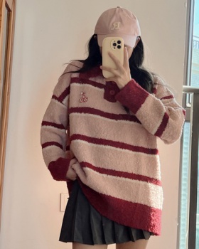 Stripe quality loose knitted cherry sweater