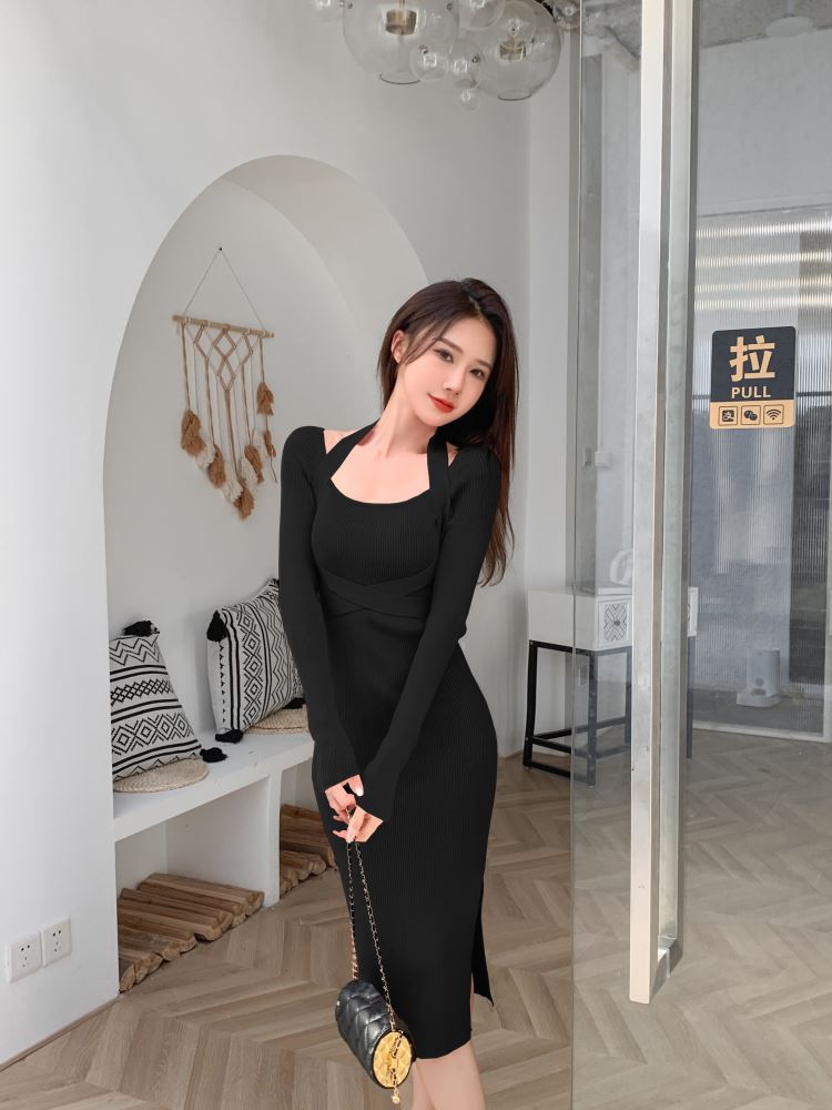 Knitted long sleeve slim autumn and winter dress