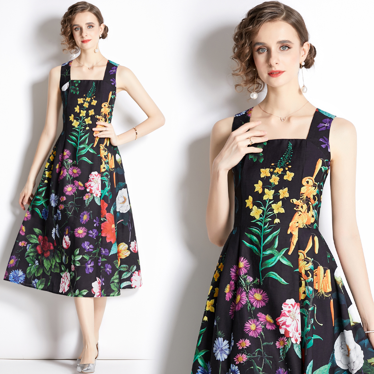 Printing retro autumn high waist France style dress