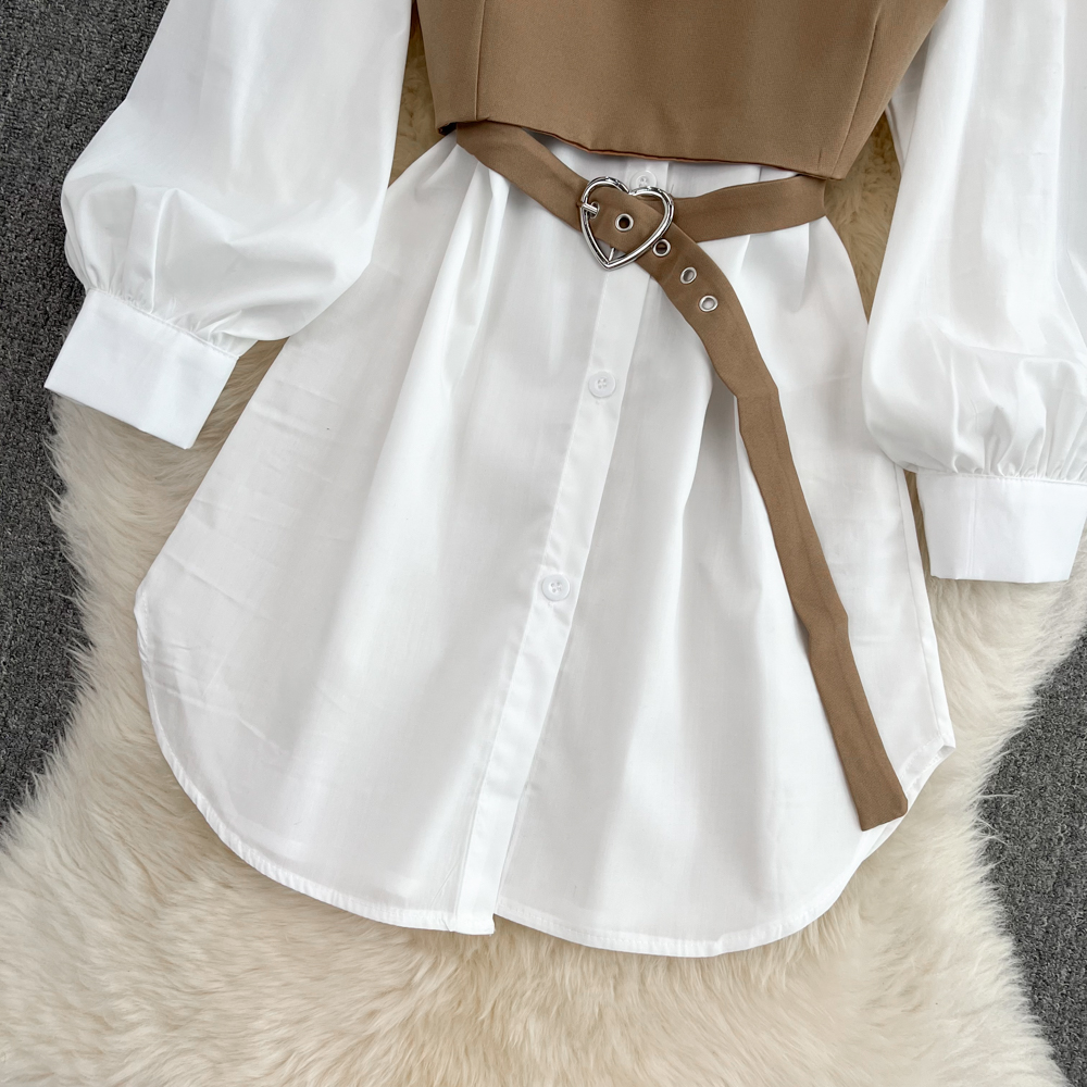 Slim sling autumn vest pinched waist white shirt 2pcs set