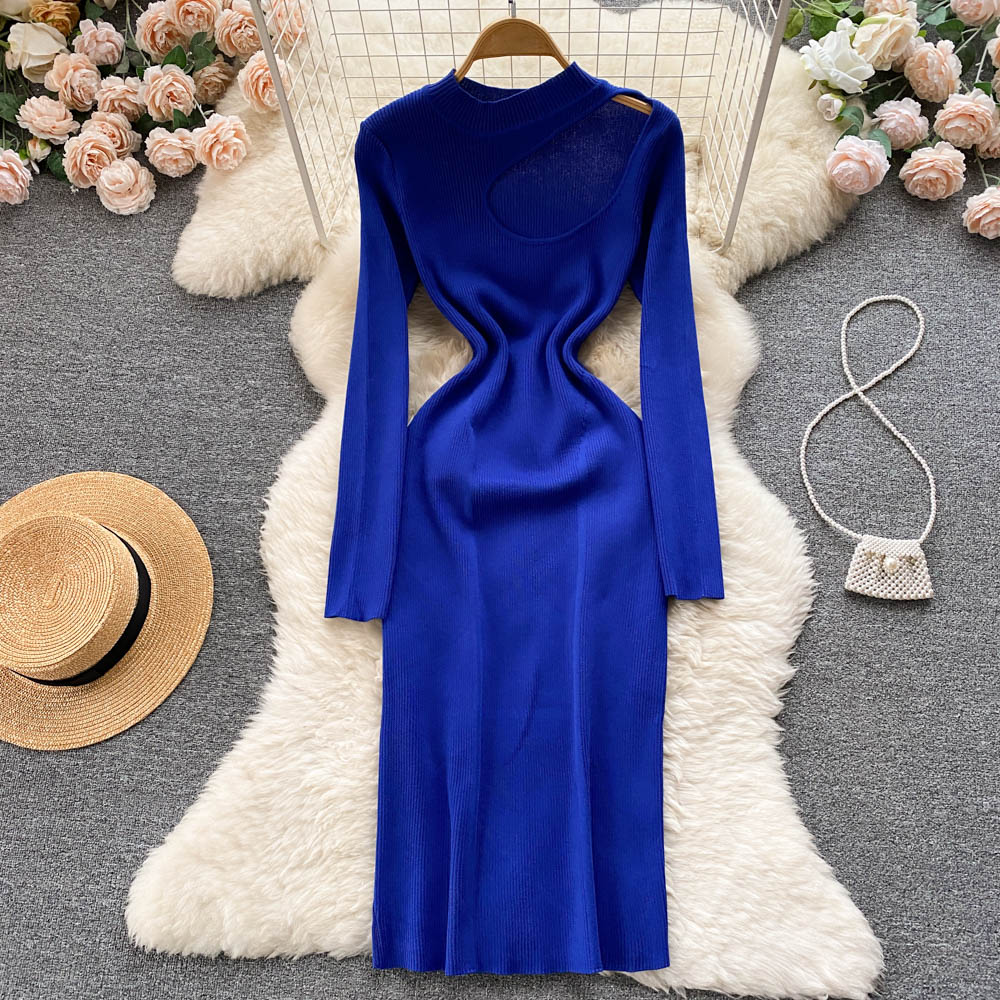 Long sleeve package hip hollow autumn knitted dress for women