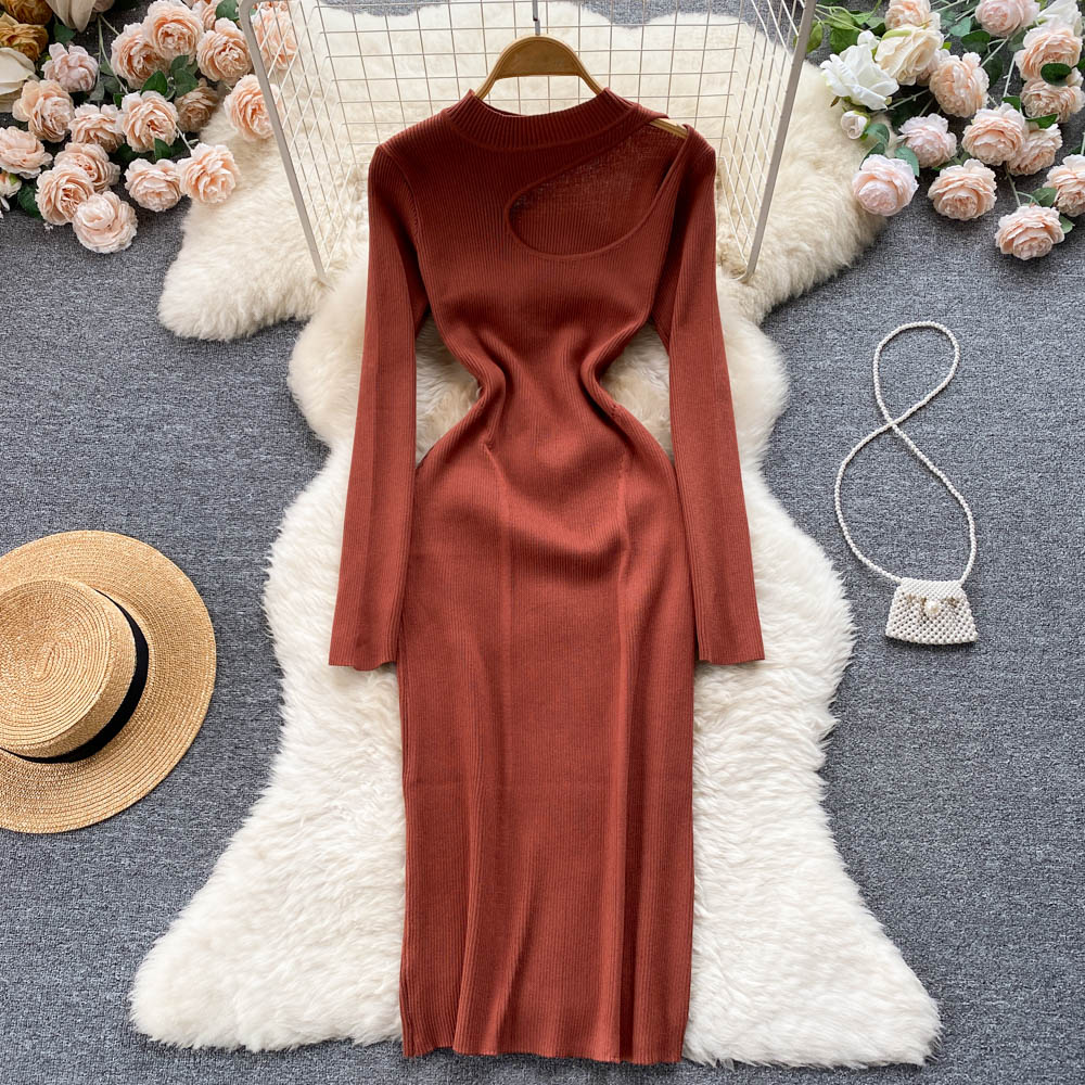 Long sleeve package hip hollow autumn knitted dress for women