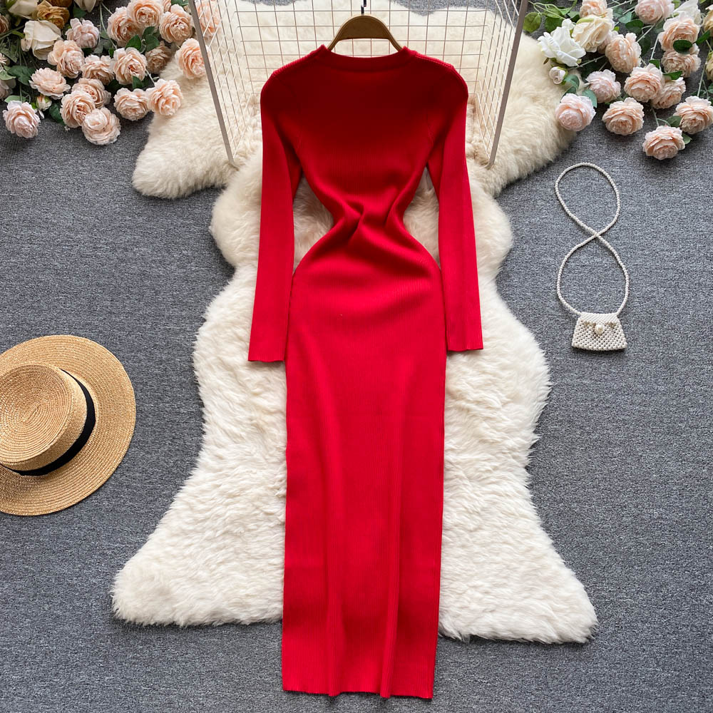 Autumn split package hip red pinched waist dress for women