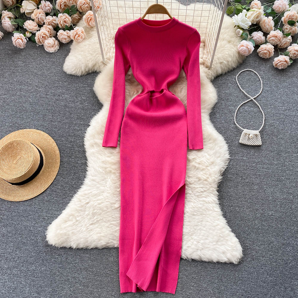 Autumn split package hip red pinched waist dress for women