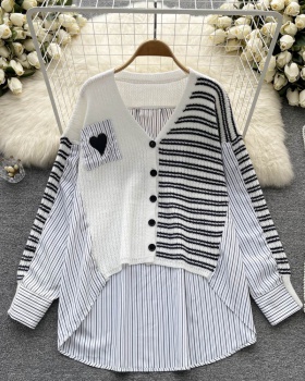 Stripe long temperament shirt heart V-neck tops for women