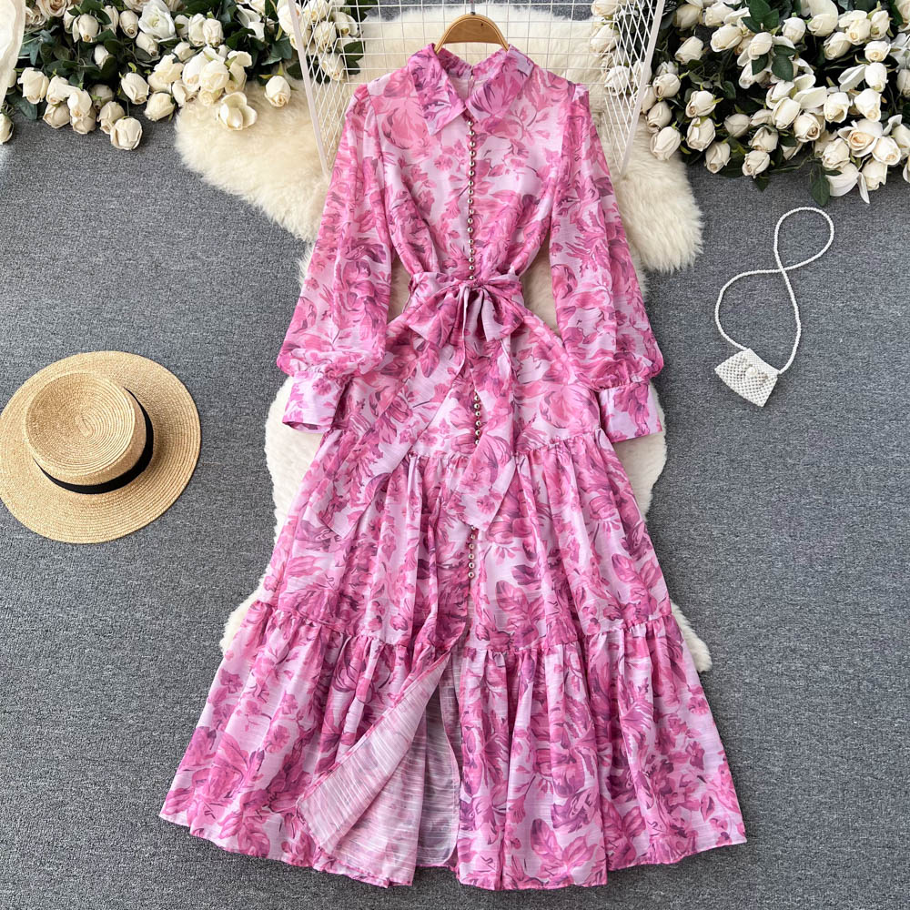 Floral vacation pinched waist seaside long sleeve split dress