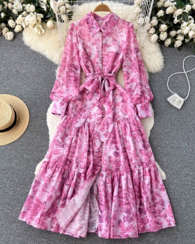 Floral vacation pinched waist seaside long sleeve split dress