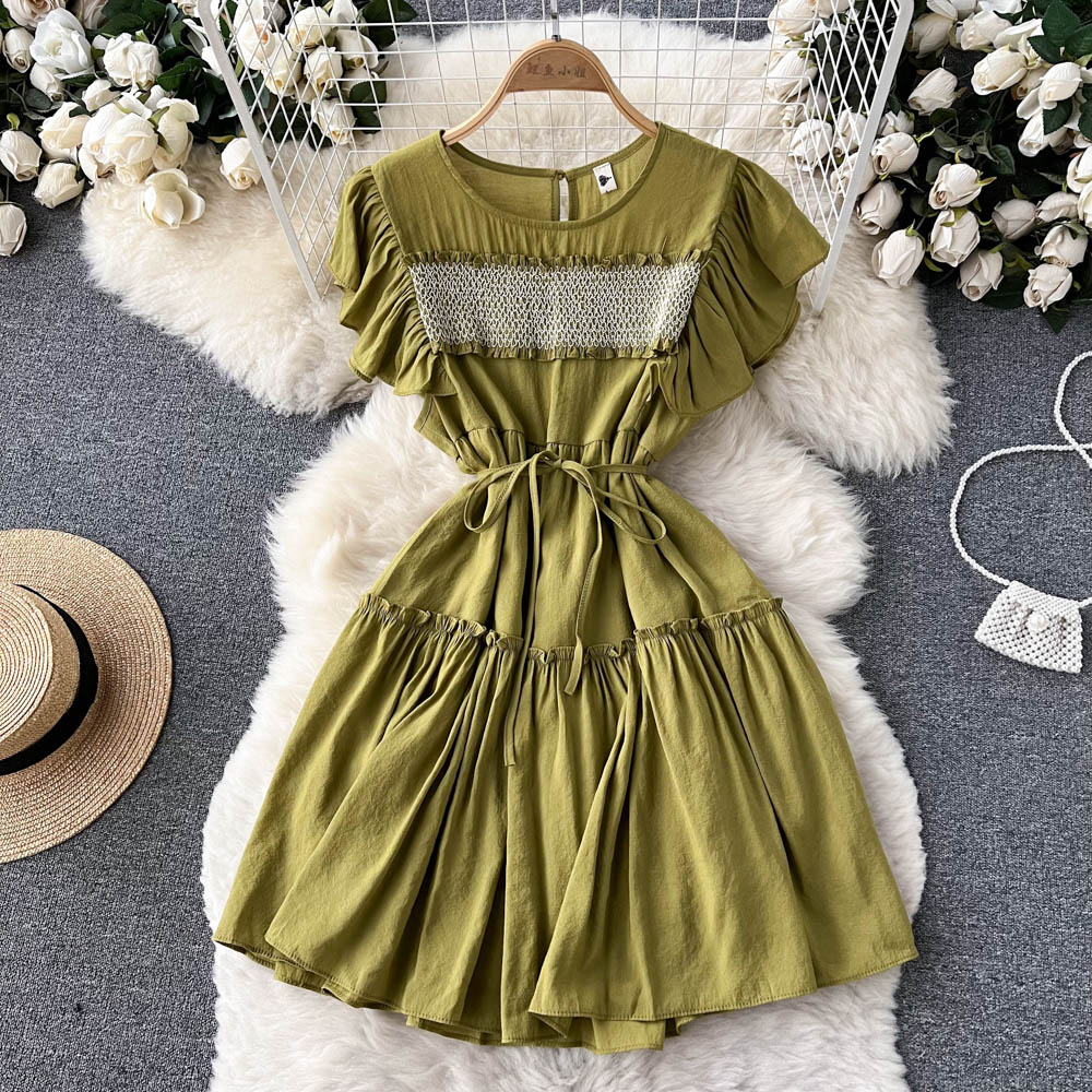 Mixed colors lotus sleeve T-back slim summer dress for women