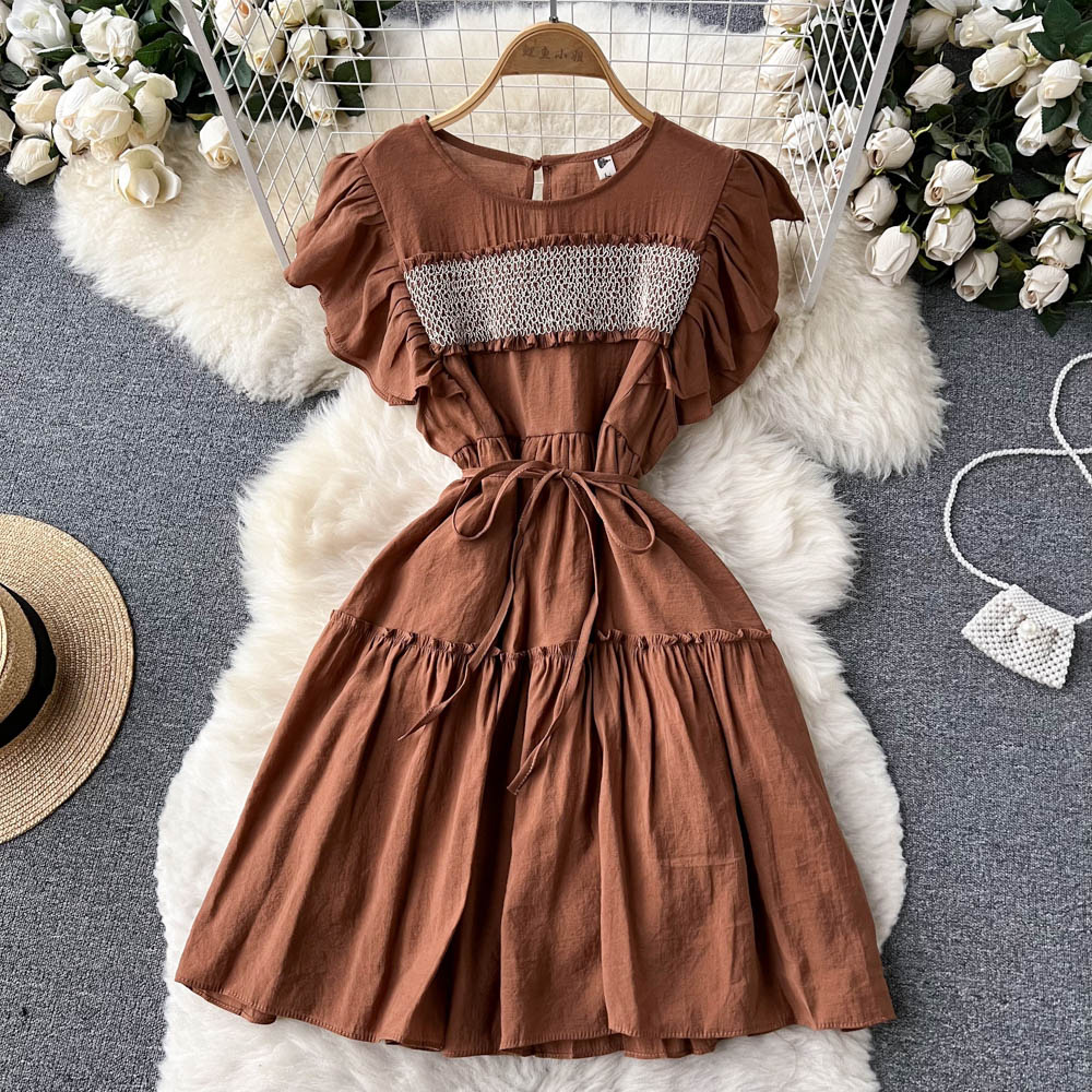 Mixed colors lotus sleeve T-back slim summer dress for women