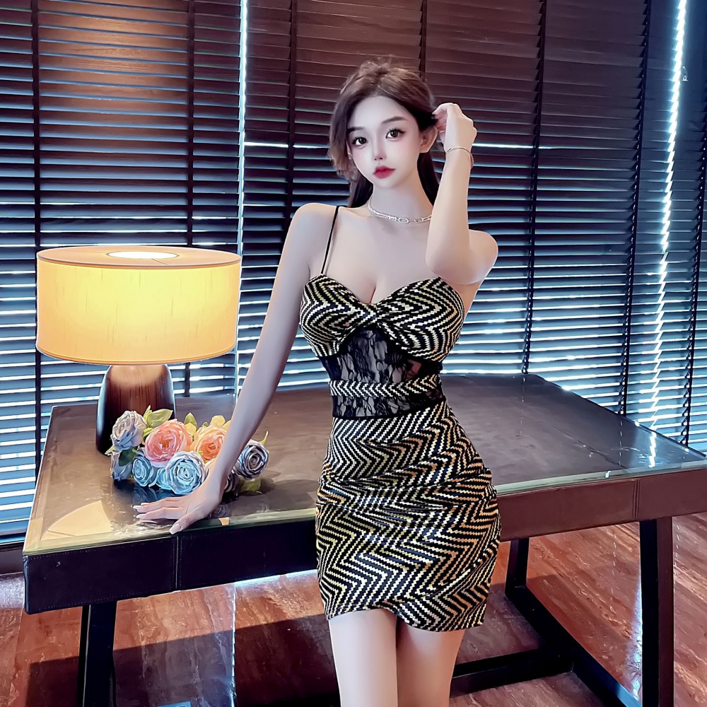 Tight leopard package hip satin lace splice sling dress