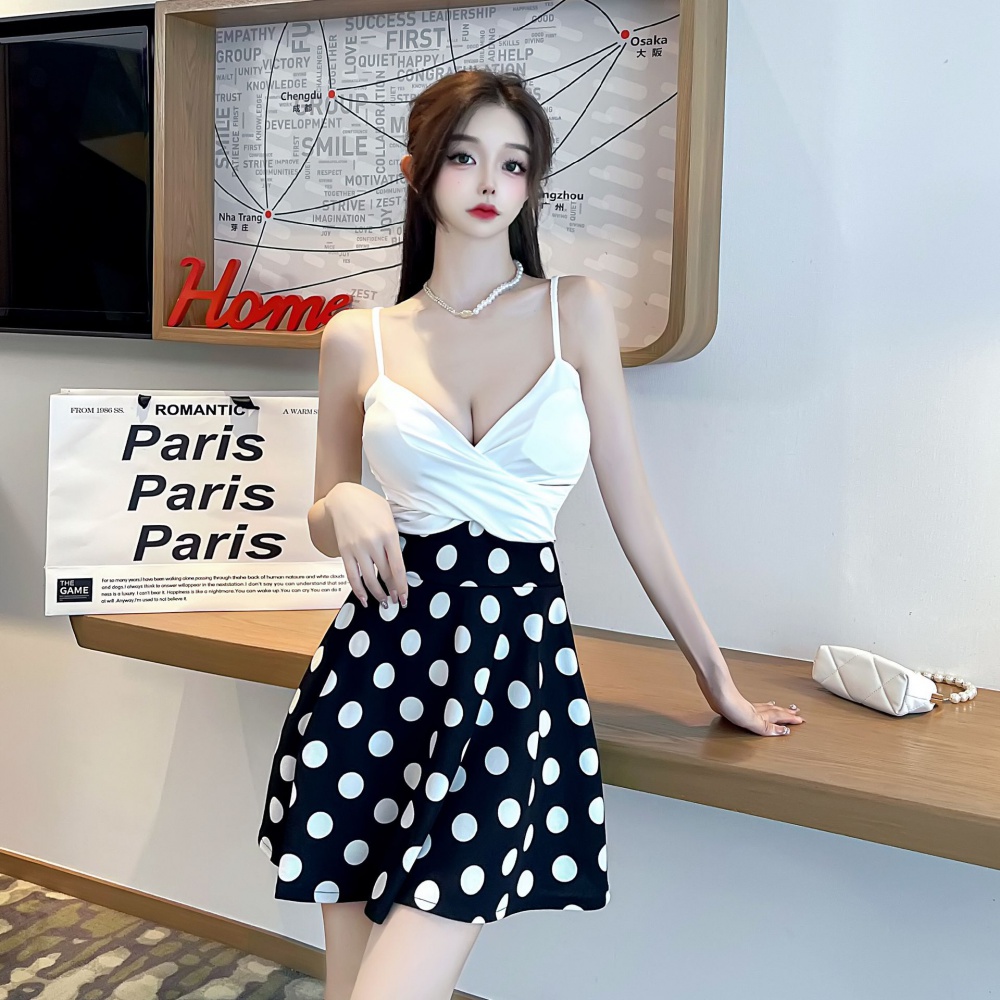 Mixed colors polka dot low-cut sexy sling big skirt dress