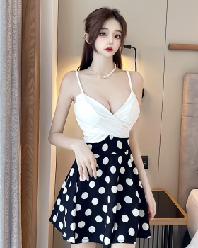 Mixed colors polka dot low-cut sexy sling big skirt dress