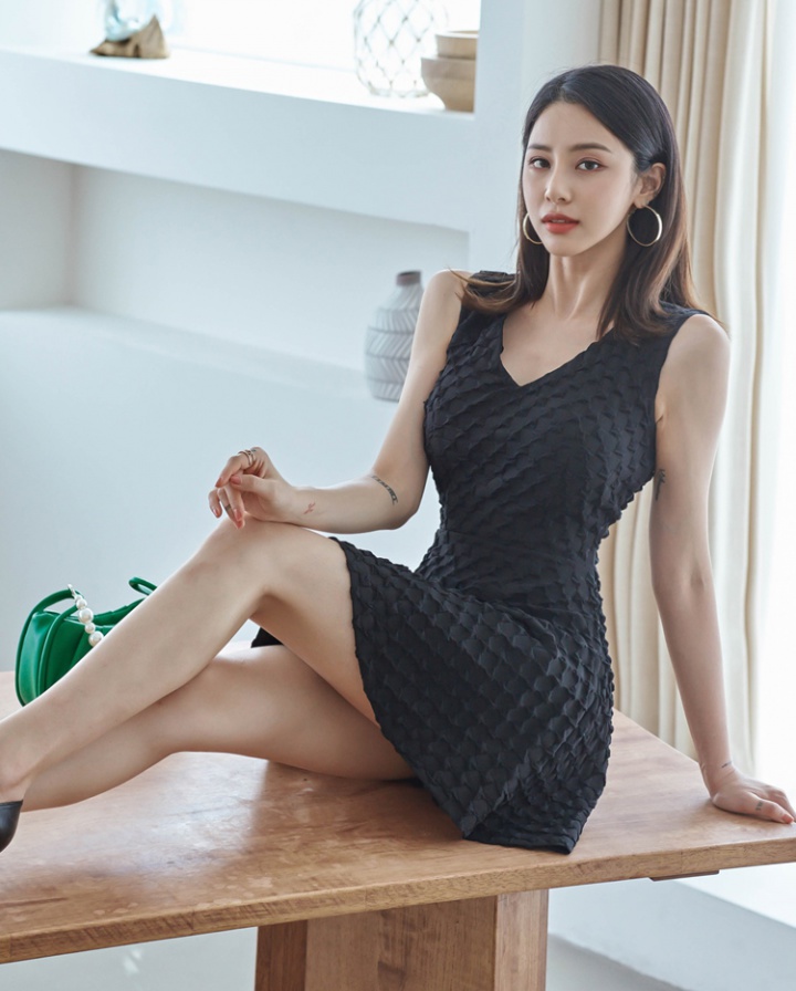 V-neck simple fashion Korean style pinched waist dress