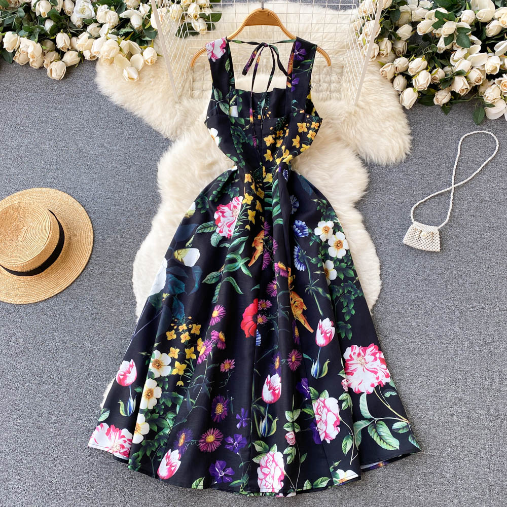 Vacation pinched waist dress retro long dress for women