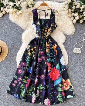 Vacation pinched waist dress retro long dress for women