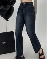 Slim straight loose wide leg pants retro navy-blue jeans