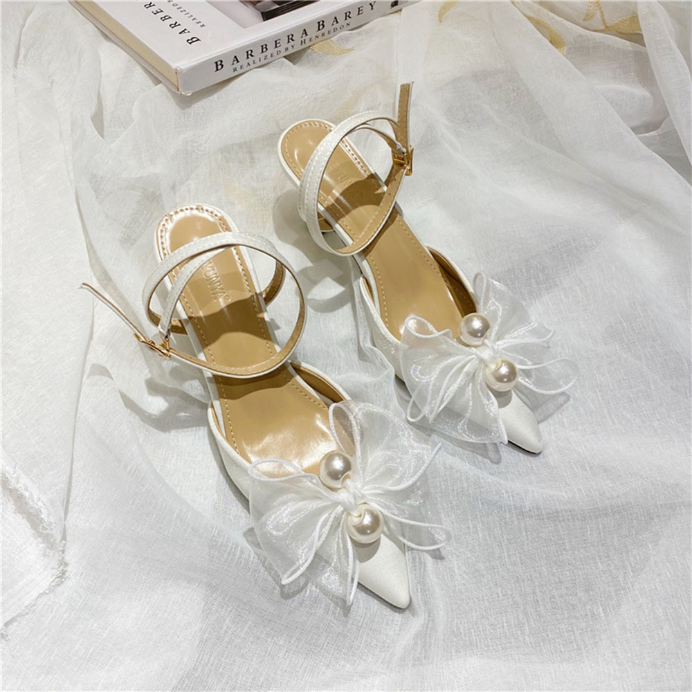 Bow pearl high-heeled shoes France style maiden scarves