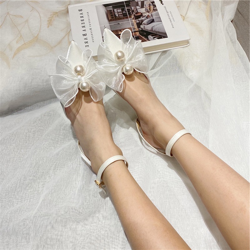 Bow pearl high-heeled shoes France style maiden scarves