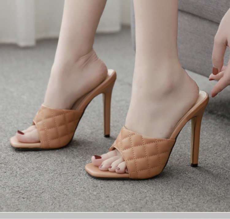 Summer European style plaid high-heeled slippers