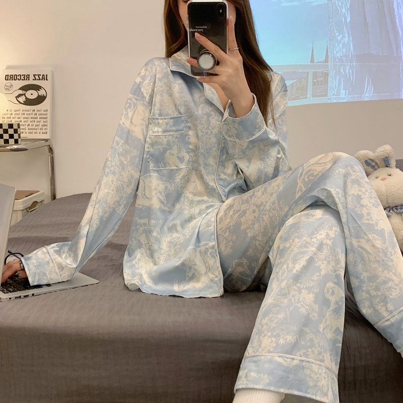 Long sleeve retro printing homewear silk pajamas for women