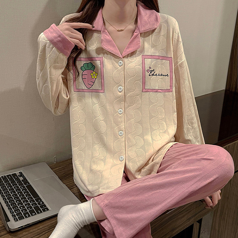 Long sleeve spring cotton thin pajamas 2pcs set for women
