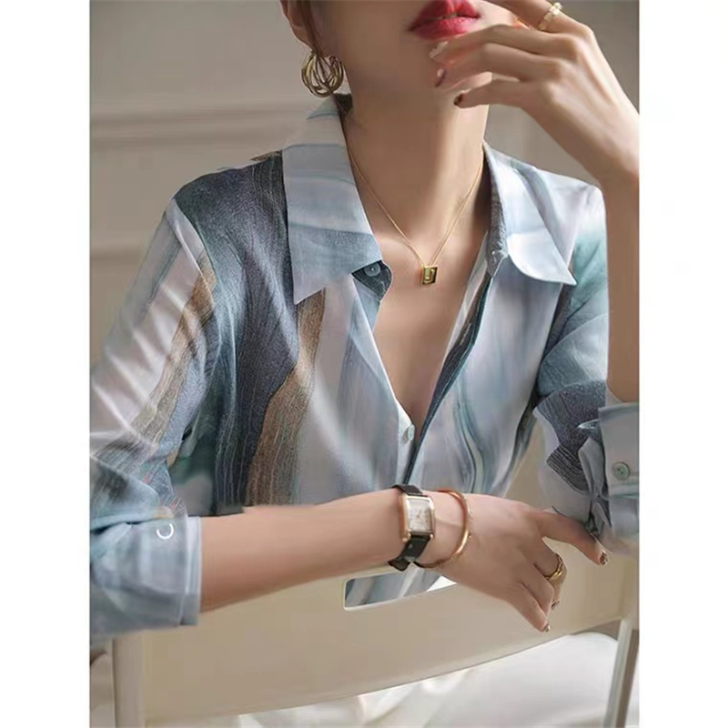 Summer gradient real silk long sleeve shirt for women