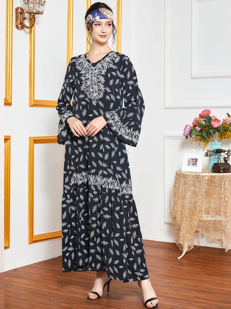Elegant embroidery long dress long sleeve dress for women