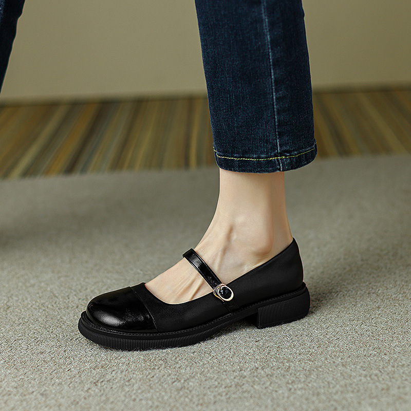 Round shoes black leather shoes for women
