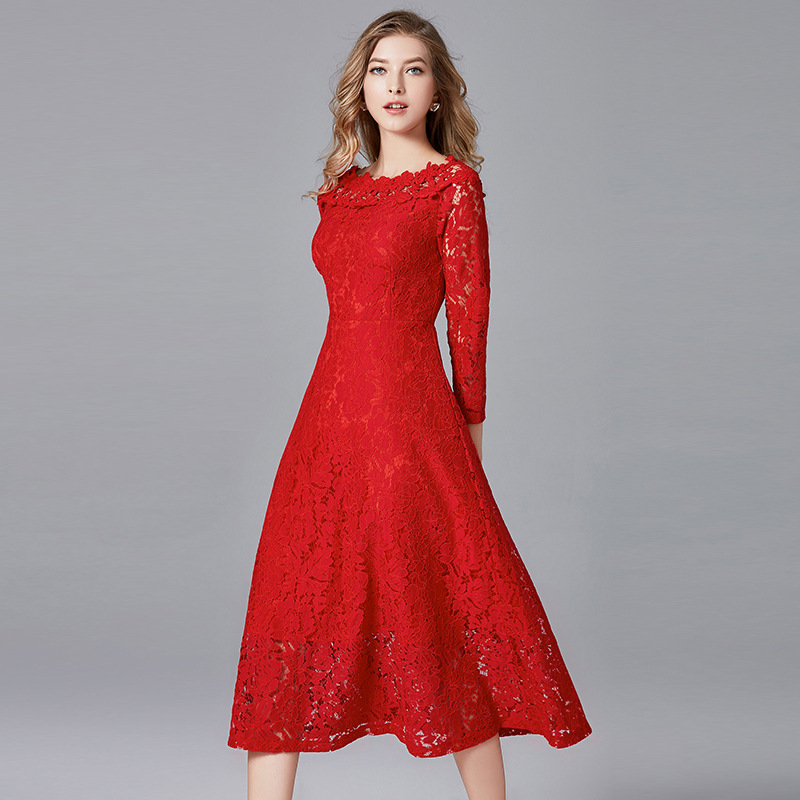 All-match France style big skirt banquet red middle-aged dress