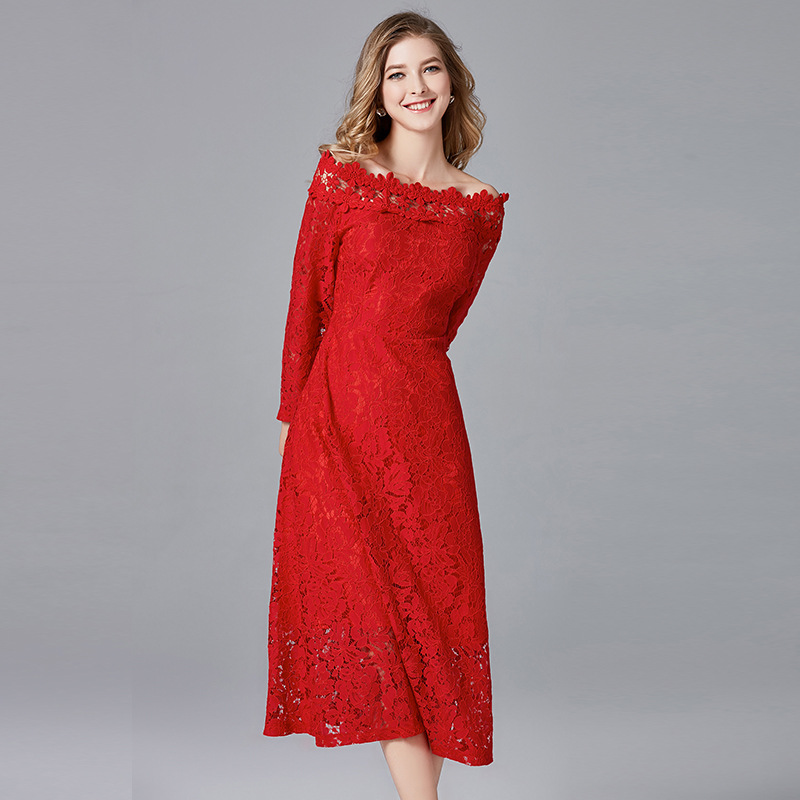 All-match France style big skirt banquet red middle-aged dress
