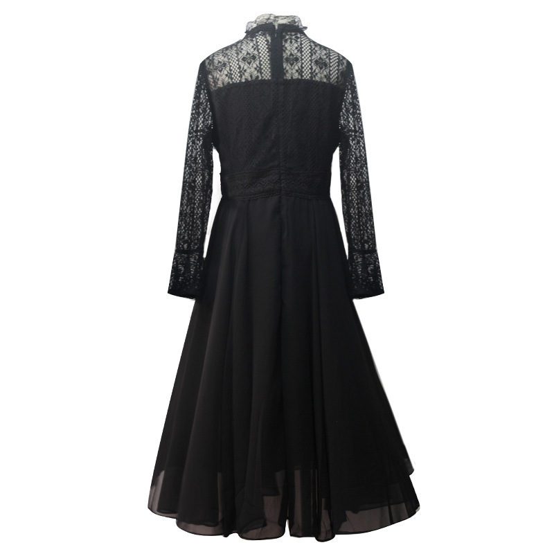 Lace black France style chiffon big skirt splice dress
