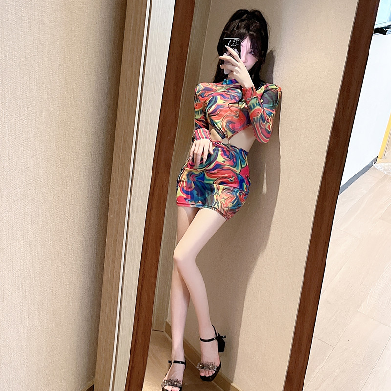 Sexy long sleeve floral hollow package hip dress for women