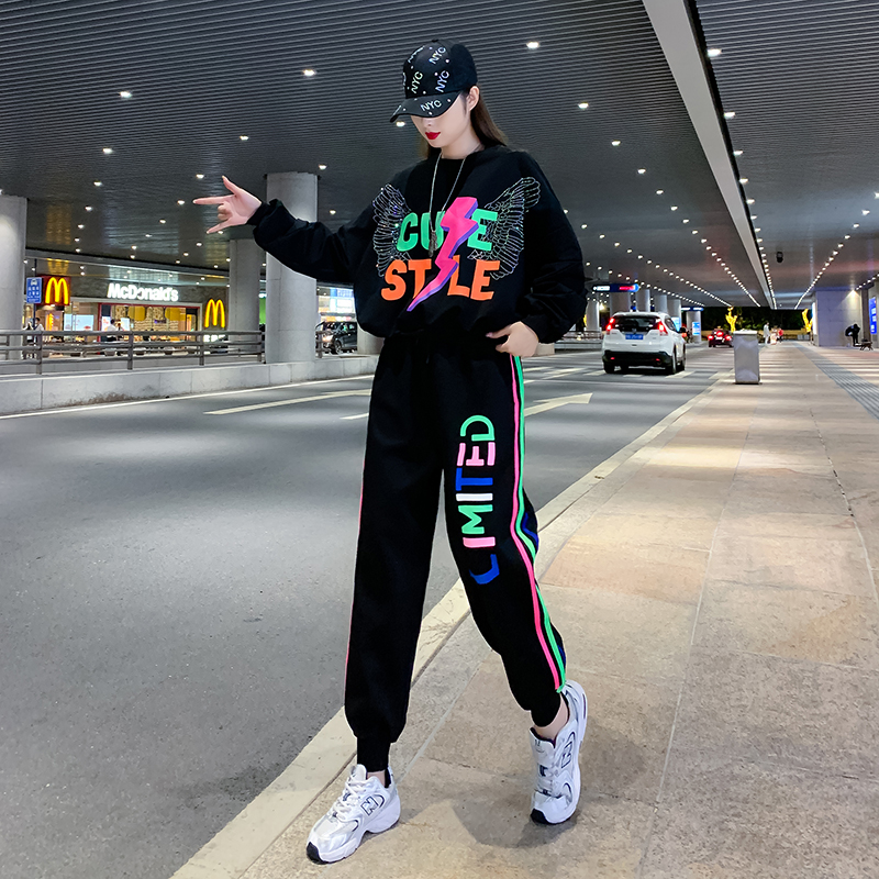 Handsome Casual hoodie hip-hop long pants 2pcs set for women