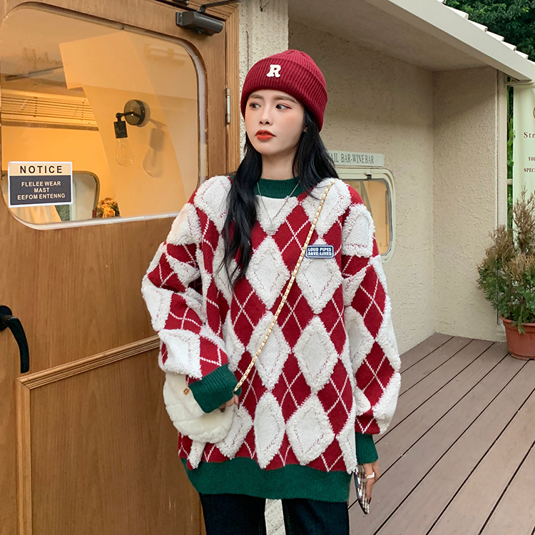 Diamond lazy coat knitted jacquard sweater for women