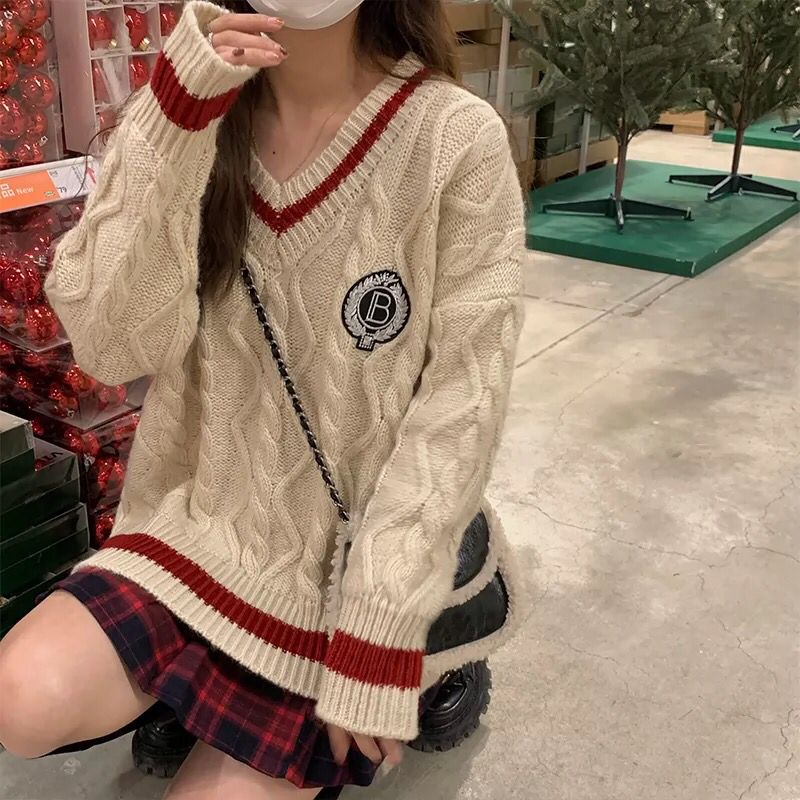 Mixed colors knitted Korean style sweater red slim tops