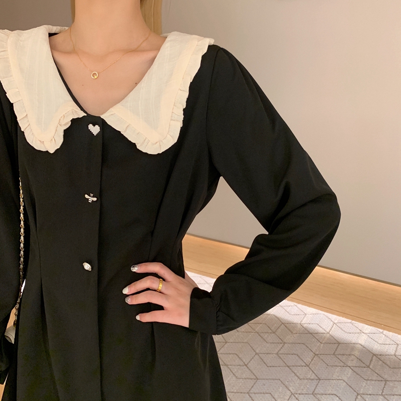 Doll collar pinched waist black large yard short dress