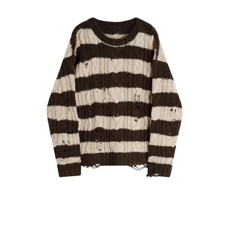 Lazy stripe twist pullover holes long loose sweater