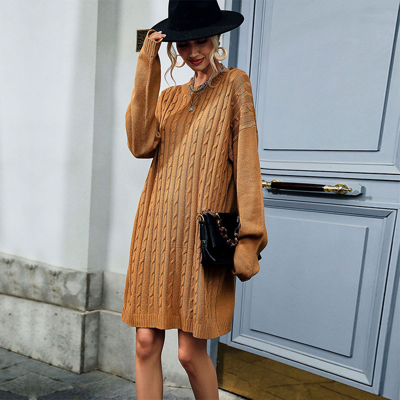 Pure twist pattern round neck fashion sweater dress