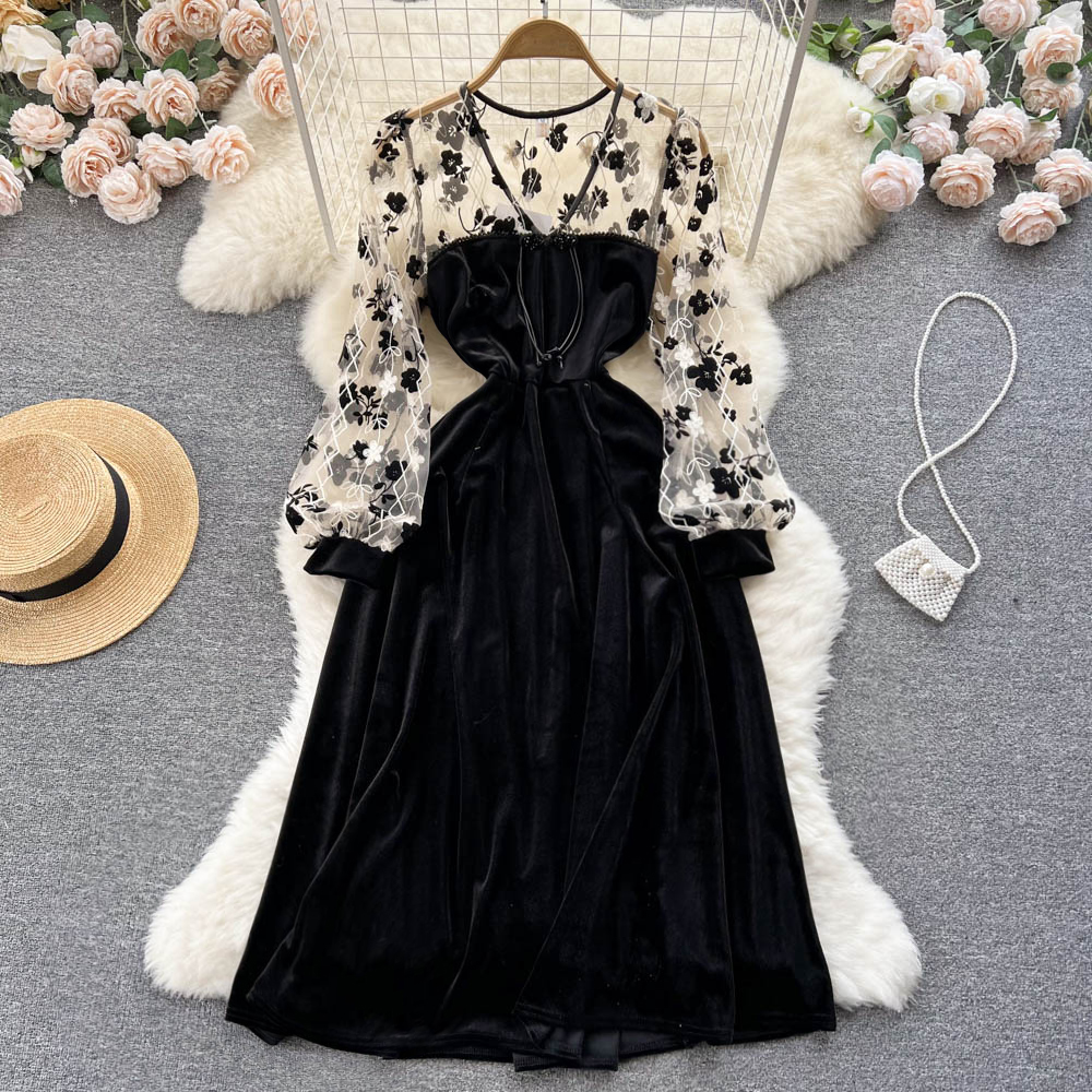 Printing long sleeve France style dress for women
