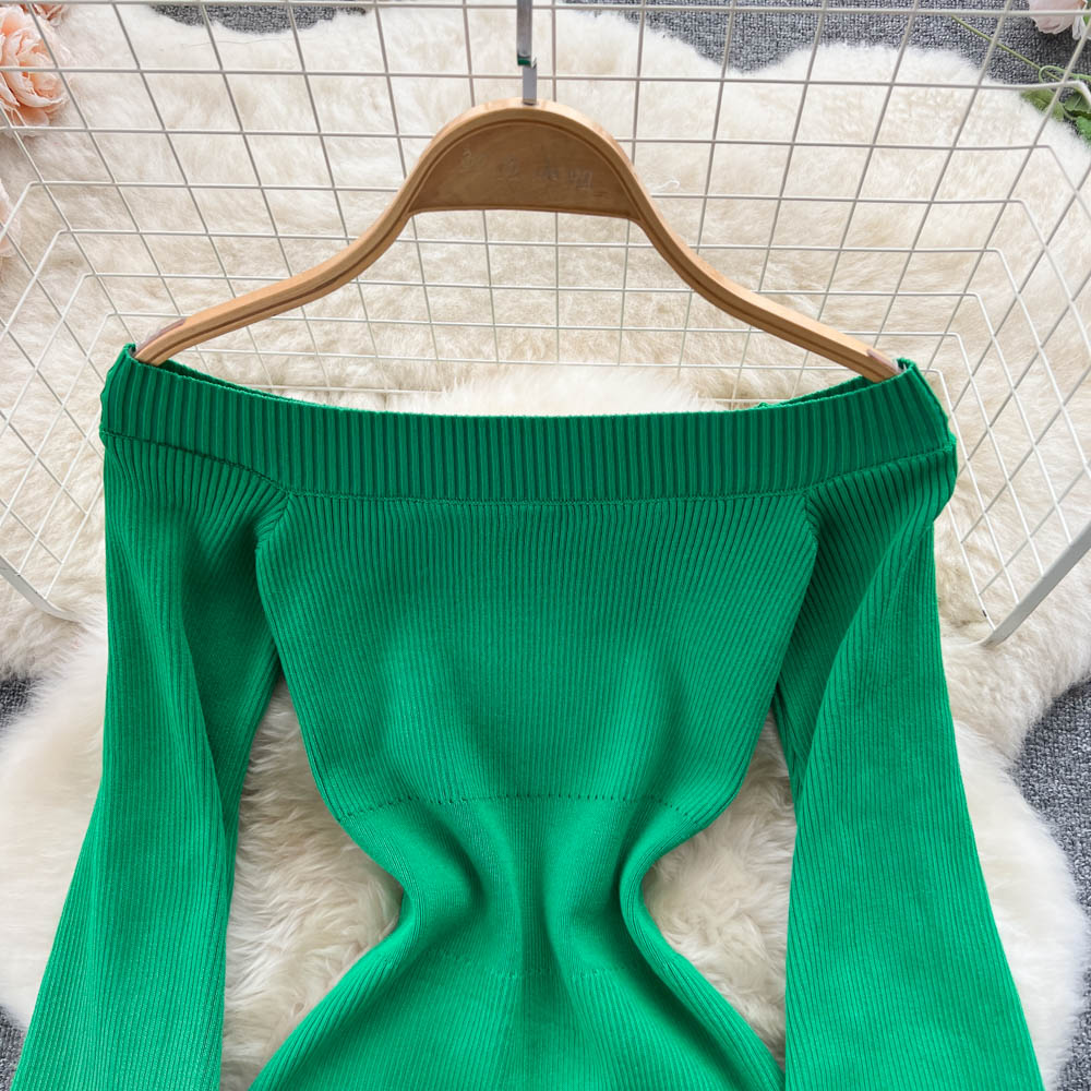 Knitted slim flat shoulder package hip dress for women