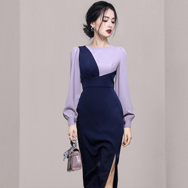 Mixed colors round neck split dress for women