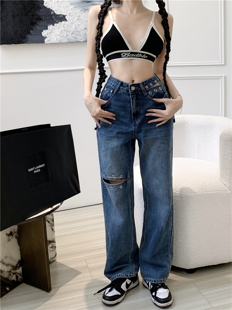 Slim hollow straight pants autumn high waist jeans for women