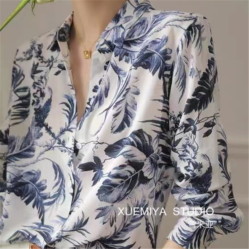 Silk real silk printing long sleeve ink shirt for women