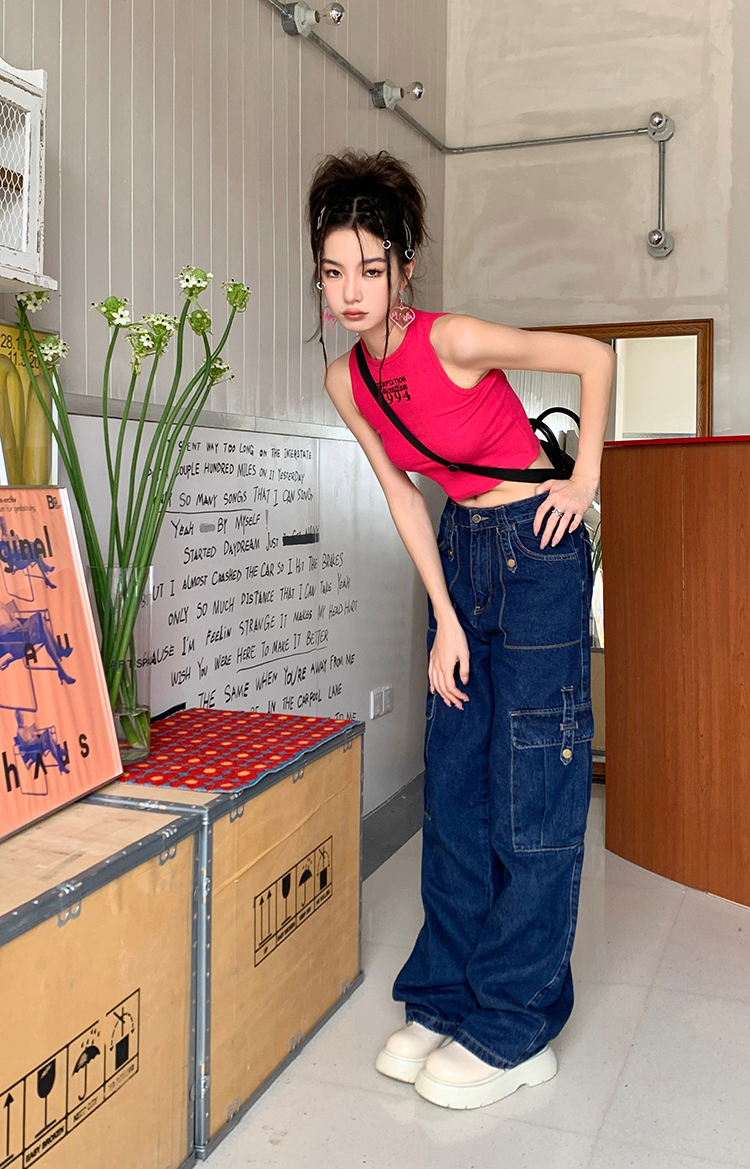 Spring and summer many pocket wide leg pants loose retro jeans