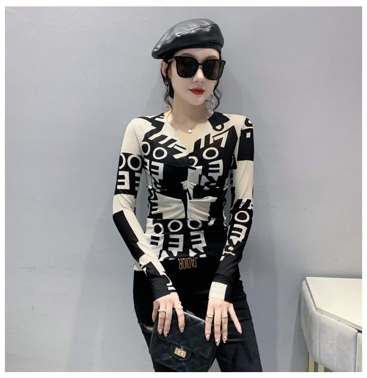 Printing slim letters T-shirt long sleeve sexy autumn tops